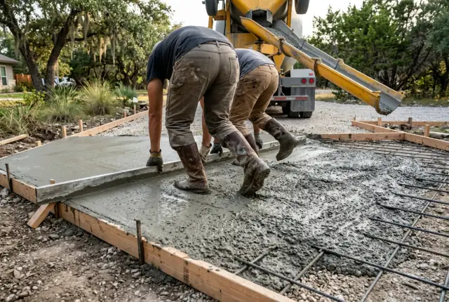 Two workers screed fresh concrete inside wood forms over a steel rebar grid
