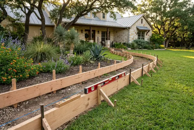 Curved wood forms staked along a lawn for a new garden walkway